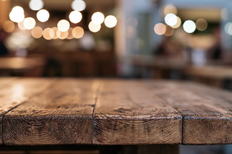 Wooden table surface in restaurant interior with blurred lights in background