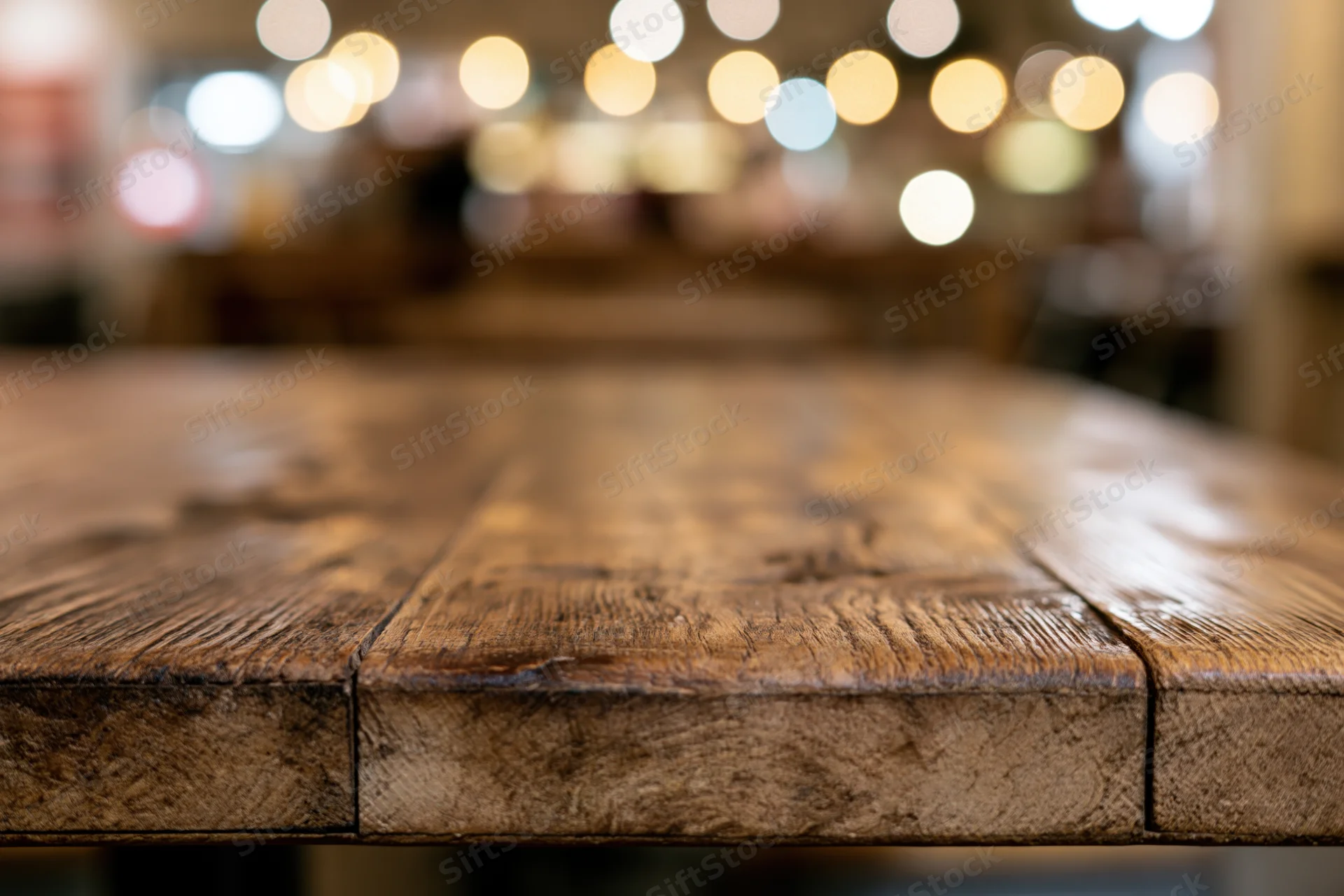 Worn wooden tabletop in a cafe with blurred lights in the background