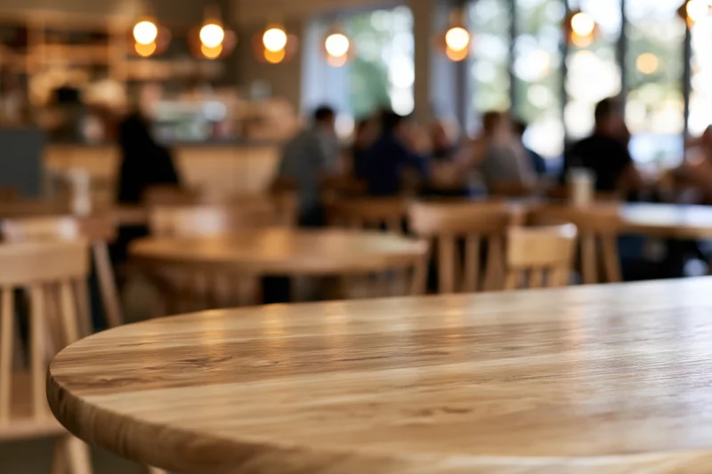 Empty wooden table surface in a cafe interior with blurred patrons and warm lighting in the background