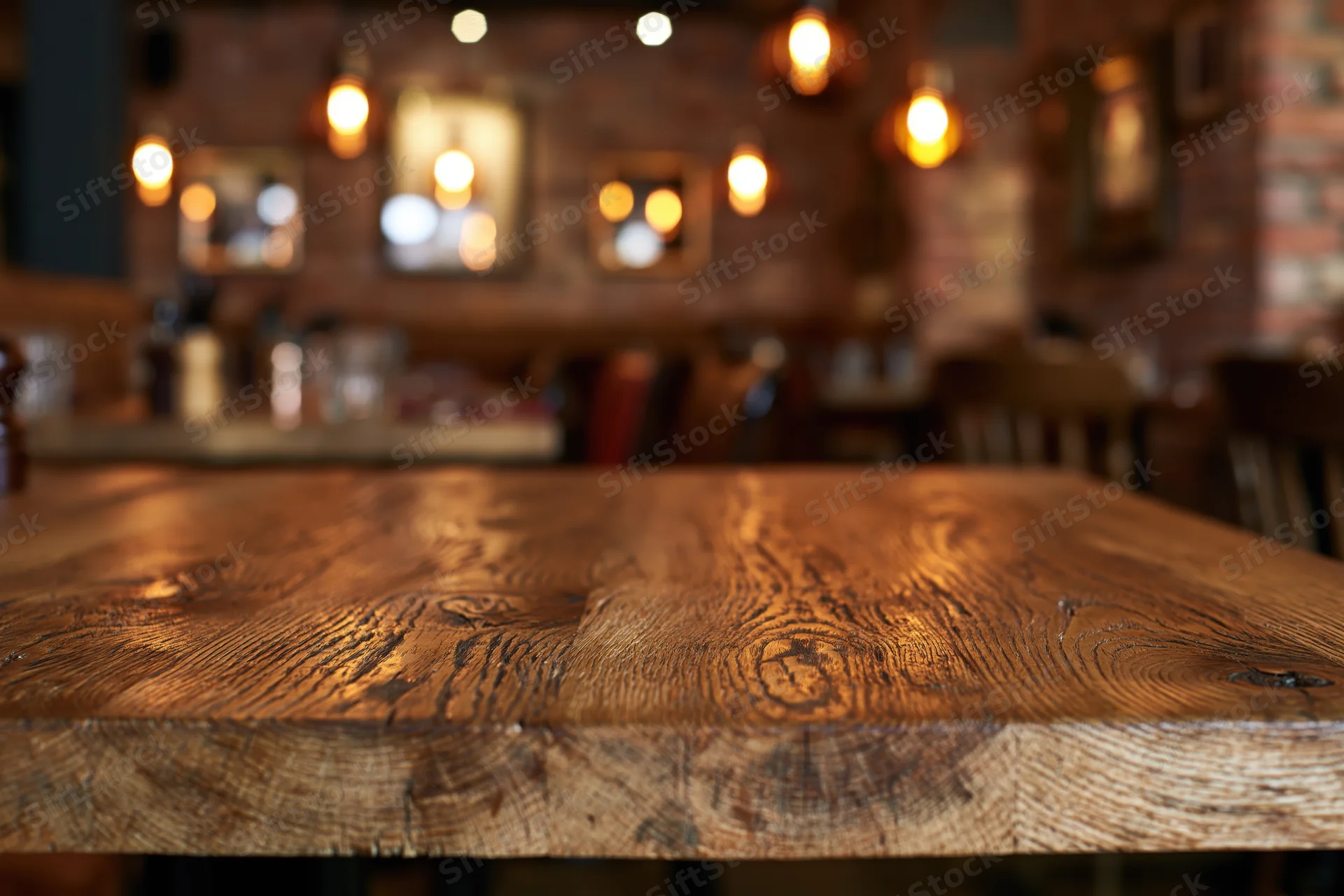 Wooden table surface in focus with blurred restaurant interior behind