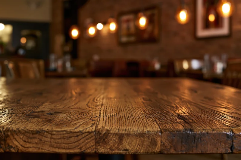 Close-up of a rustic wooden table surface in a warmly lit restaurant interior