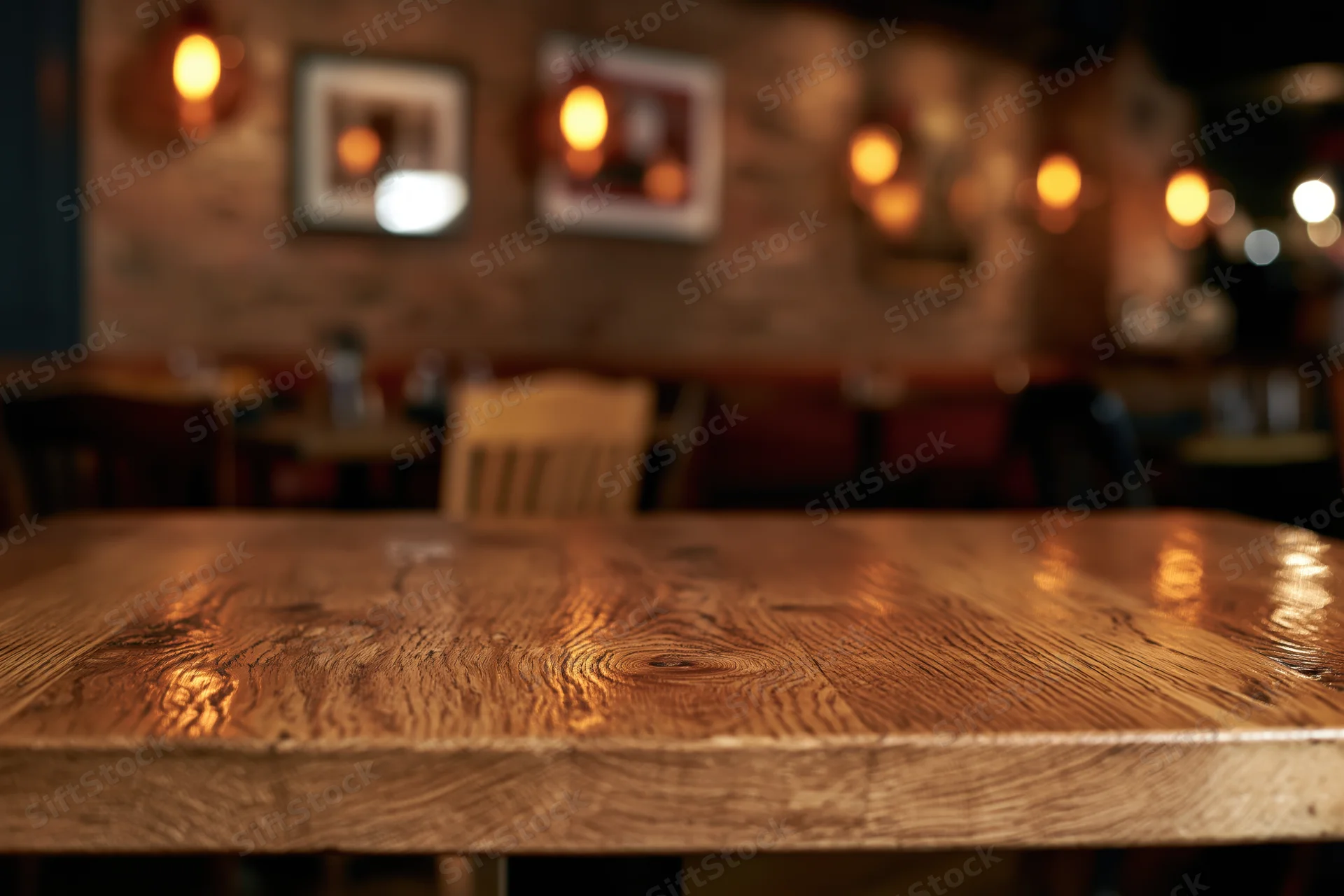Wooden table surface in a dimly lit restaurant interior with blurred background seating and warm lighting