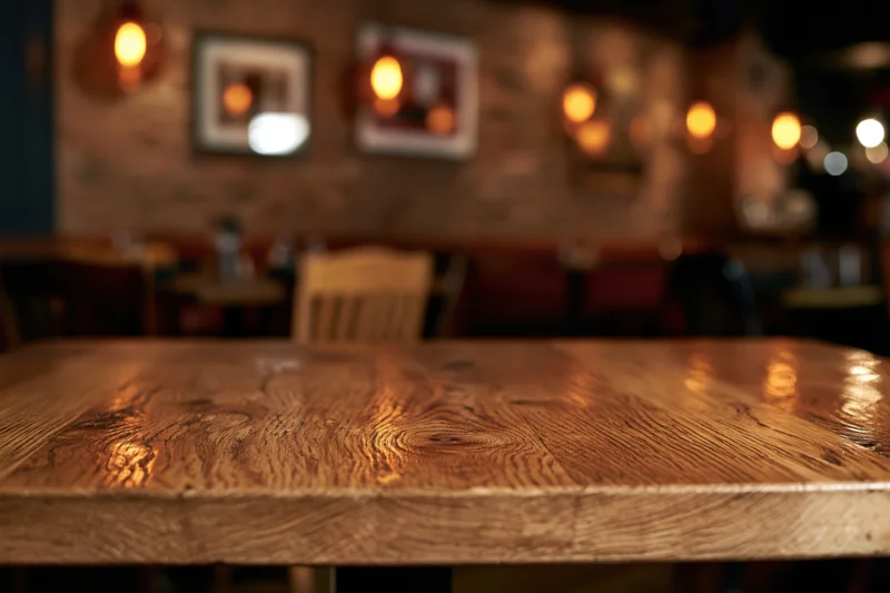 Wooden table surface in a dimly lit restaurant interior with blurred background seating and warm lighting
