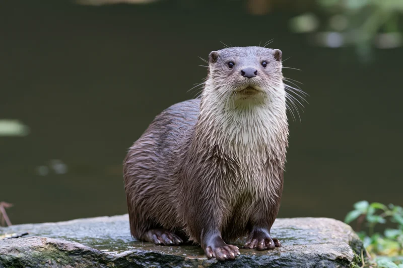European river otter sitting alert on a wet rock beside water