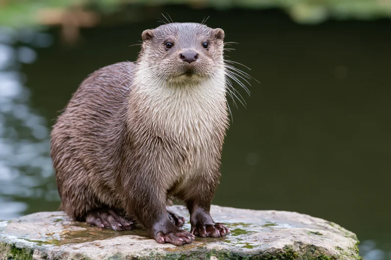 European river otter sitting alert on a wet rock beside water