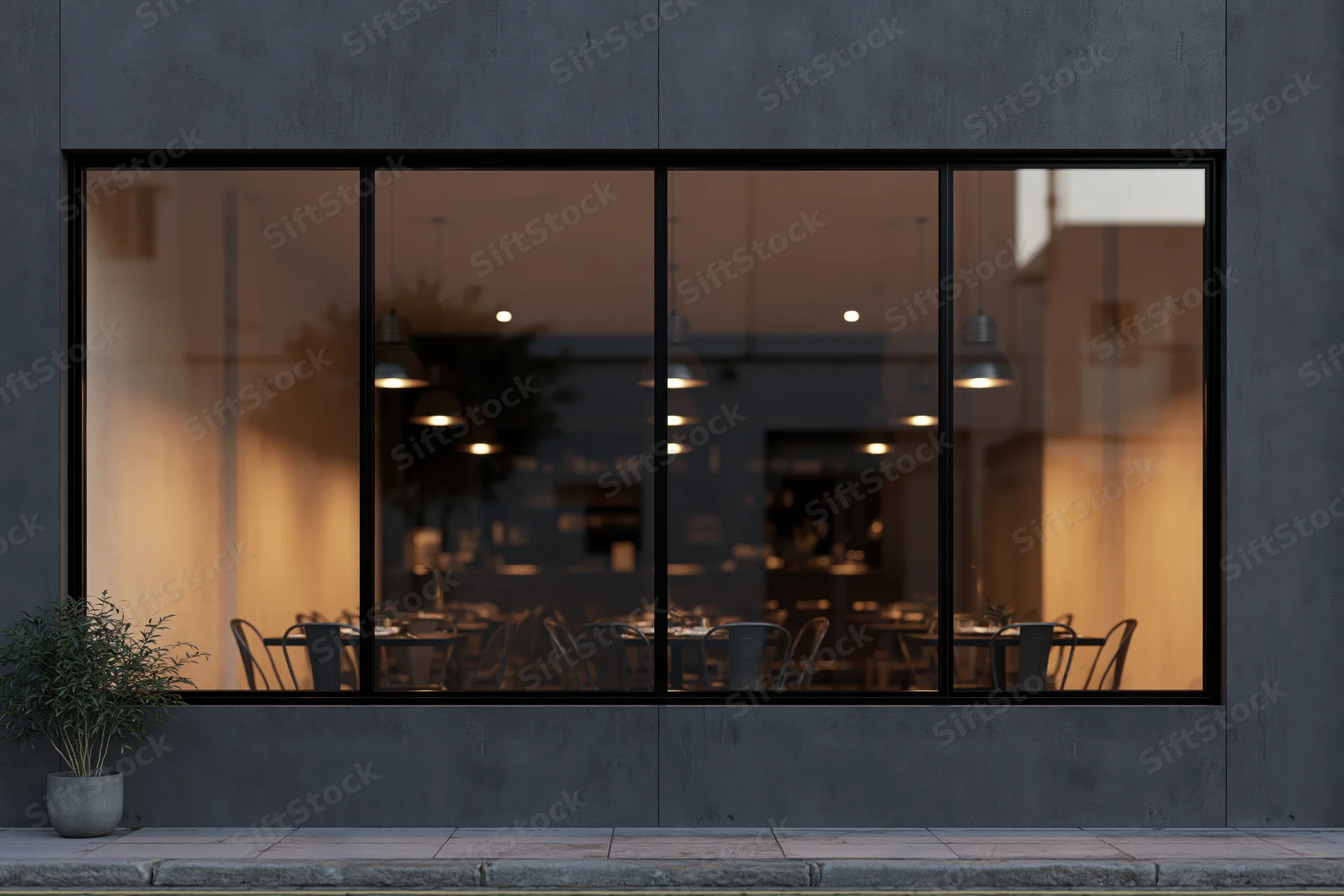Minimalist restaurant facade with large glass windows showing warm interior dining area at dusk