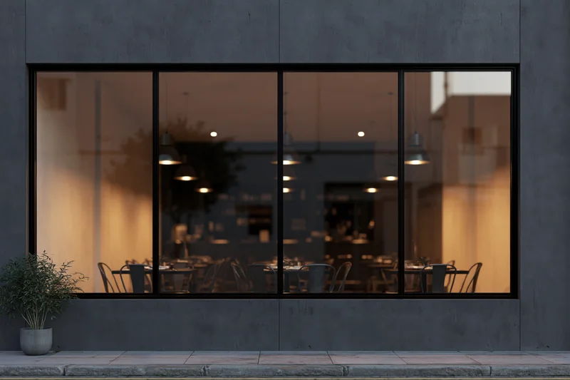 Minimalist restaurant facade with large glass windows showing warm interior dining area at dusk