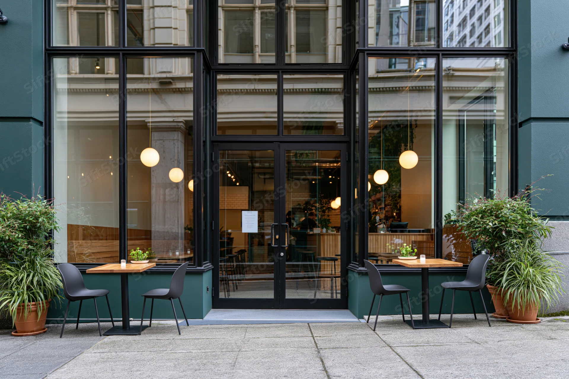 Modern cafe exterior with black-framed glass doors and outdoor seating on sidewalk