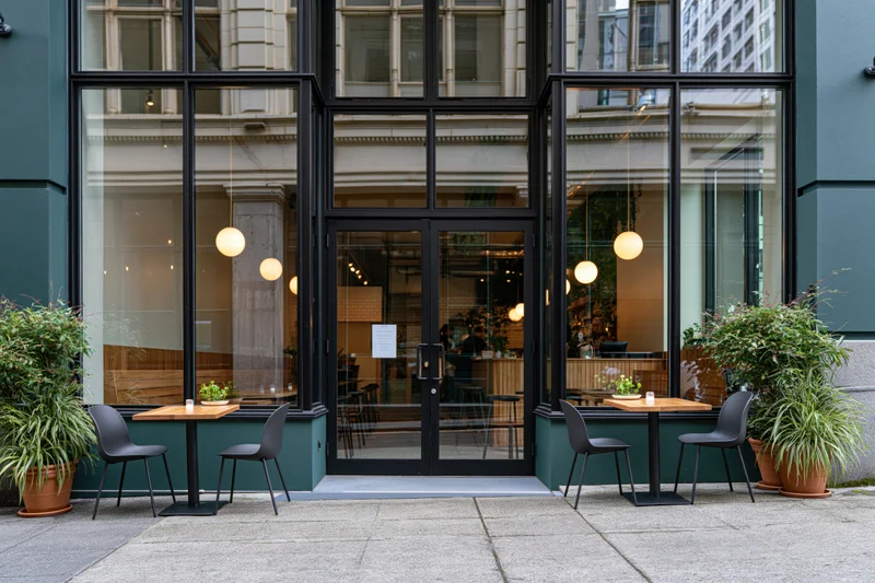 Modern cafe exterior with black-framed glass doors and outdoor seating on sidewalk