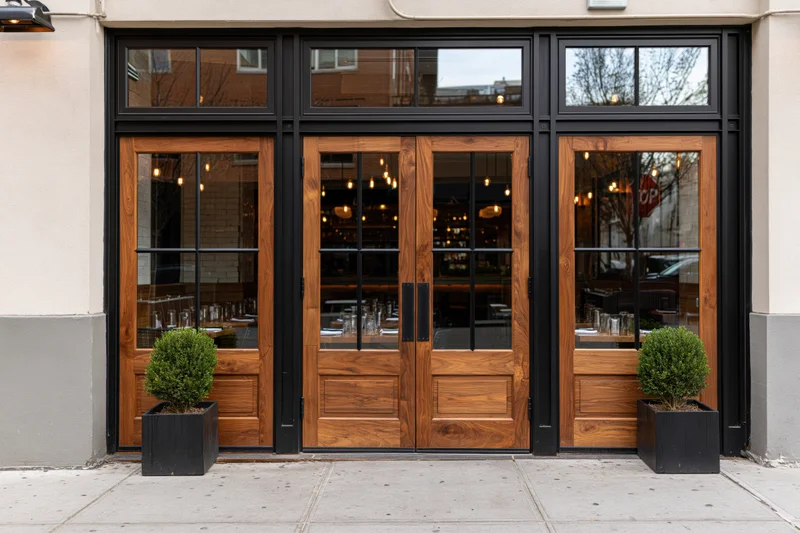 Upscale restaurant entrance with wooden doors and black frames flanked by boxwood planters on city sidewalk