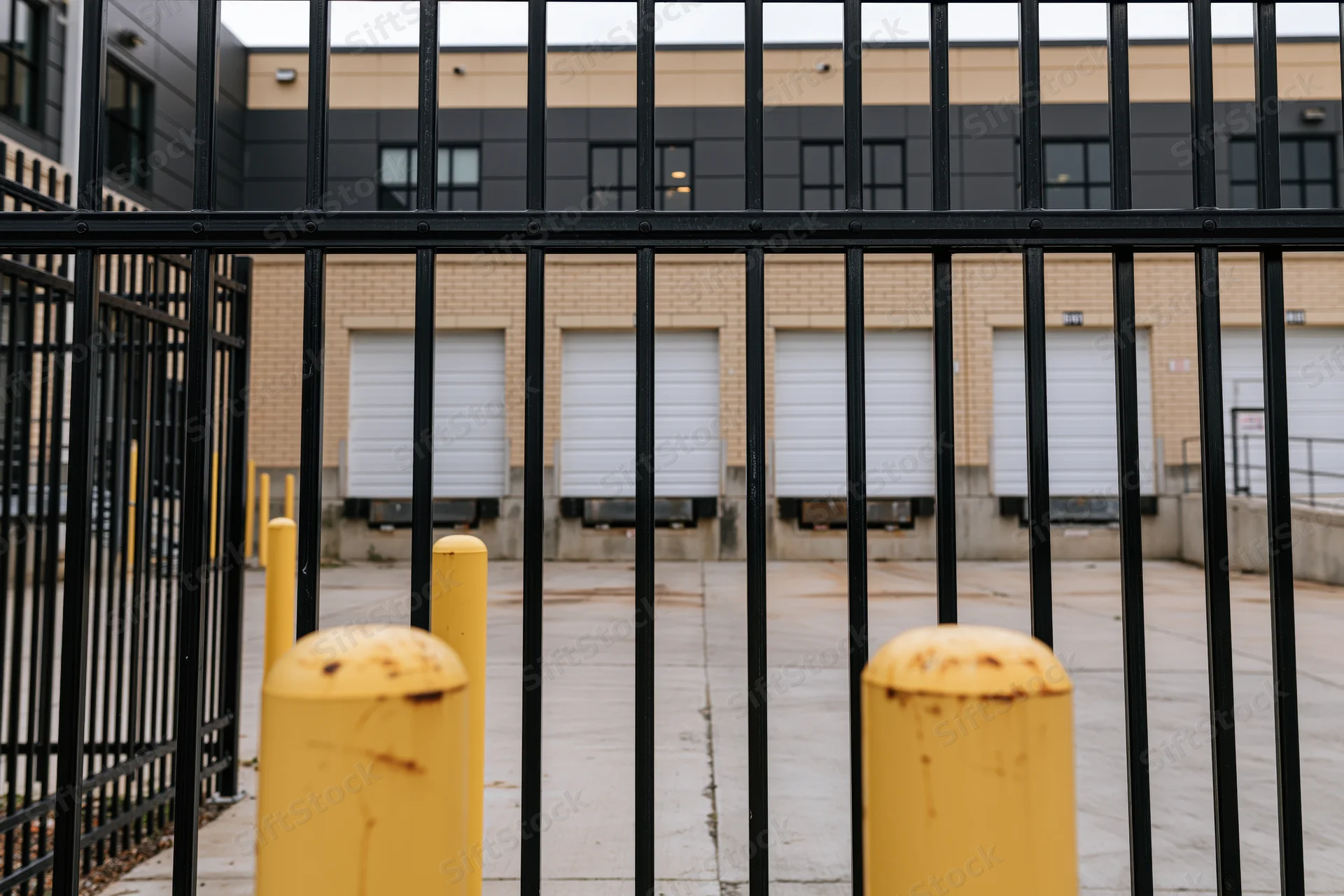 View through black metal fence of warehouse loading dock with white roll-up doors and yellow bollards on concrete pavement