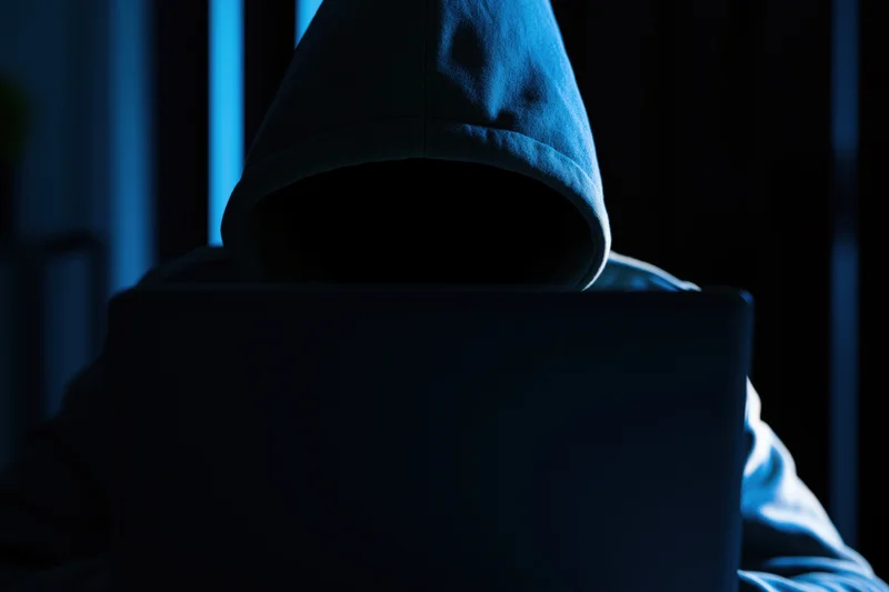 Hooded figure sitting behind laptop in dark room with blue glow