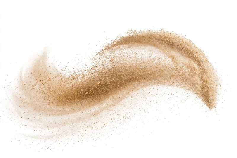Swirling desert sand frozen mid-explosion against white background