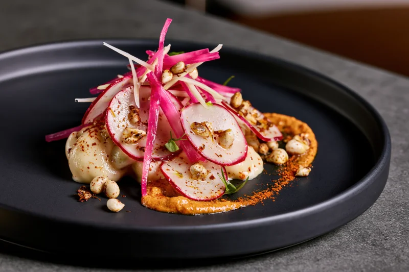 Thinly sliced radishes and nuts arranged on a black plate with sauce and garnish for fine dining presentation