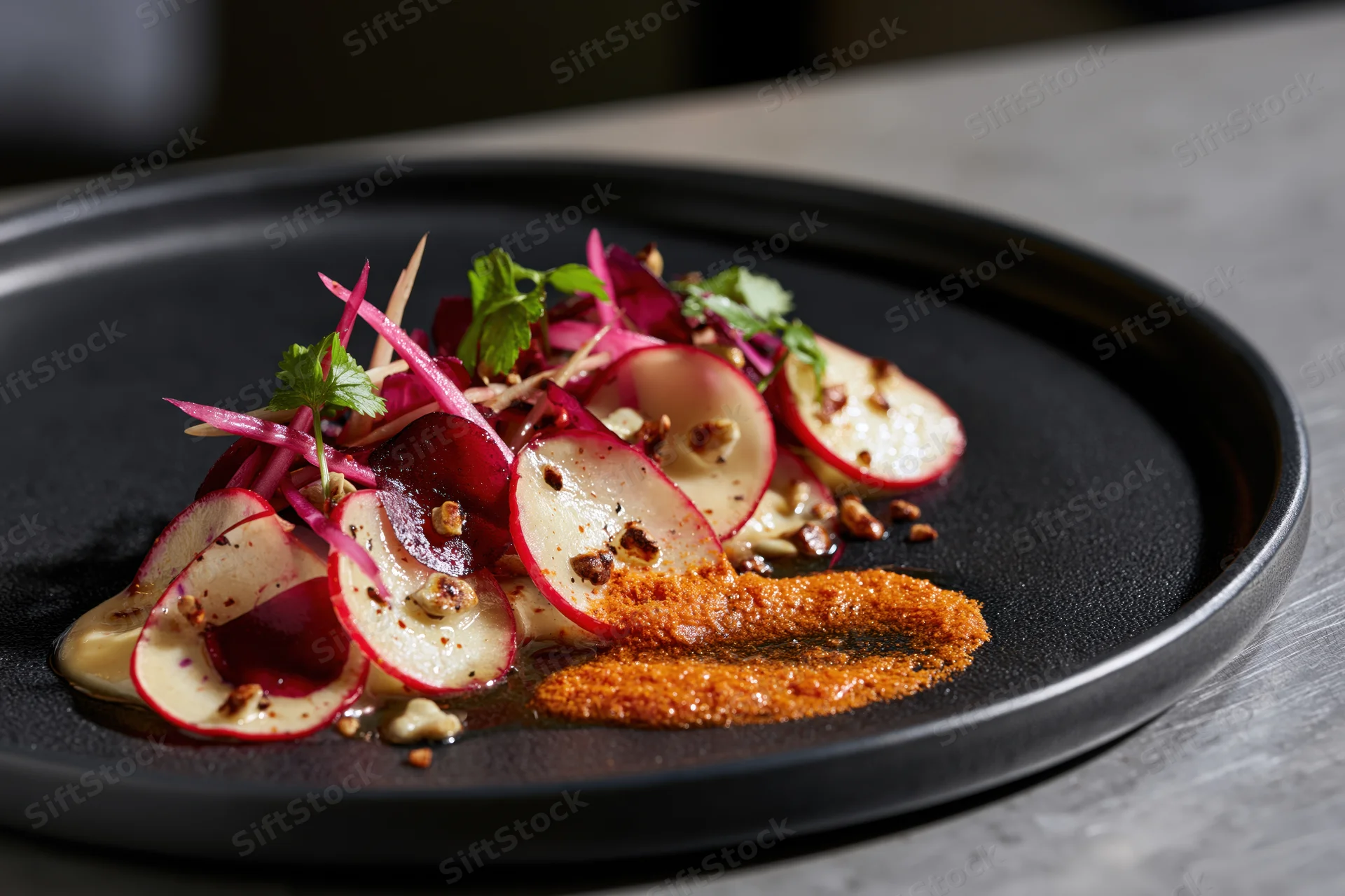 Thinly sliced radishes with cilantro and spice on a black plate in a fine dining setting