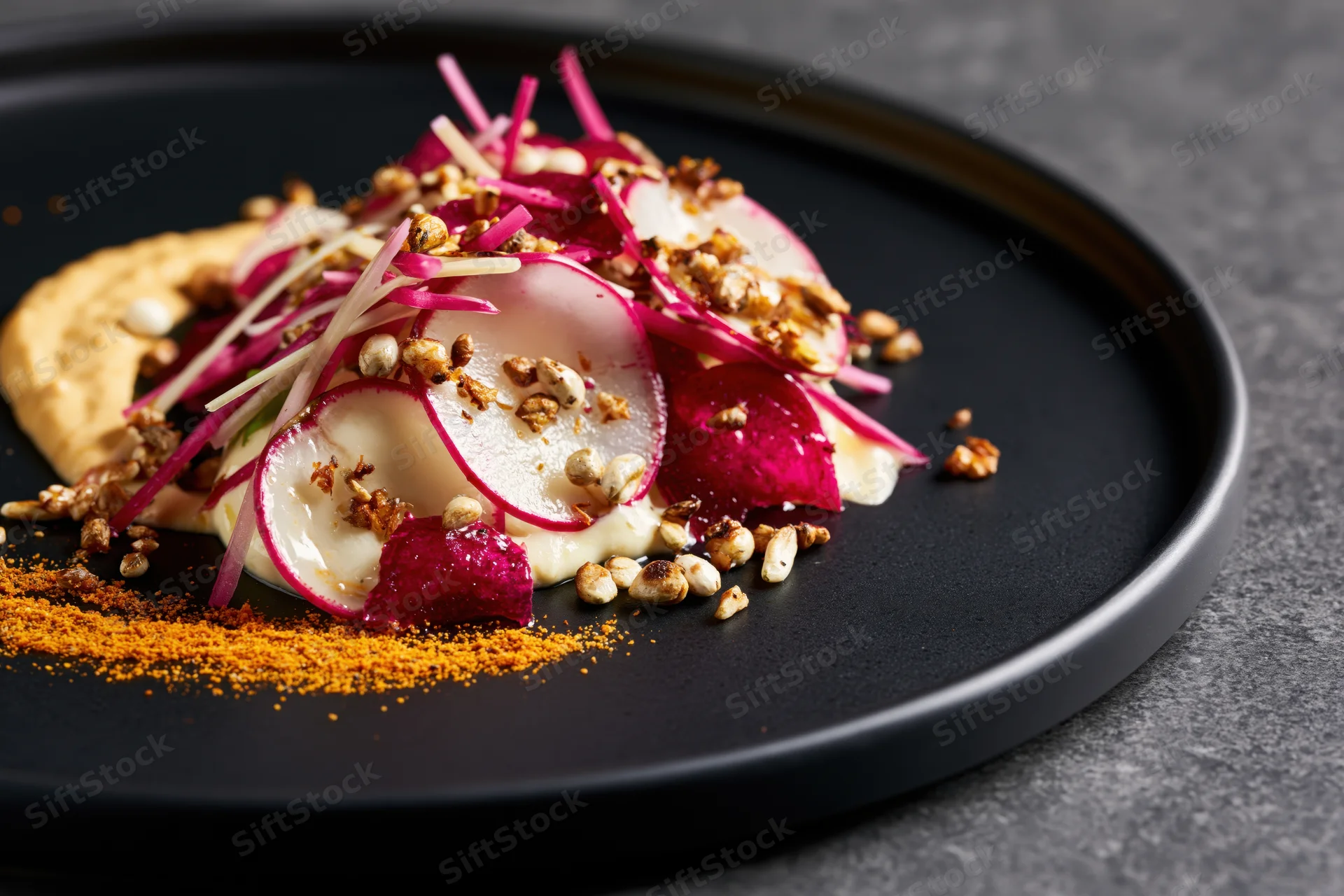 Thinly sliced radishes with cream and garnish on a black plate