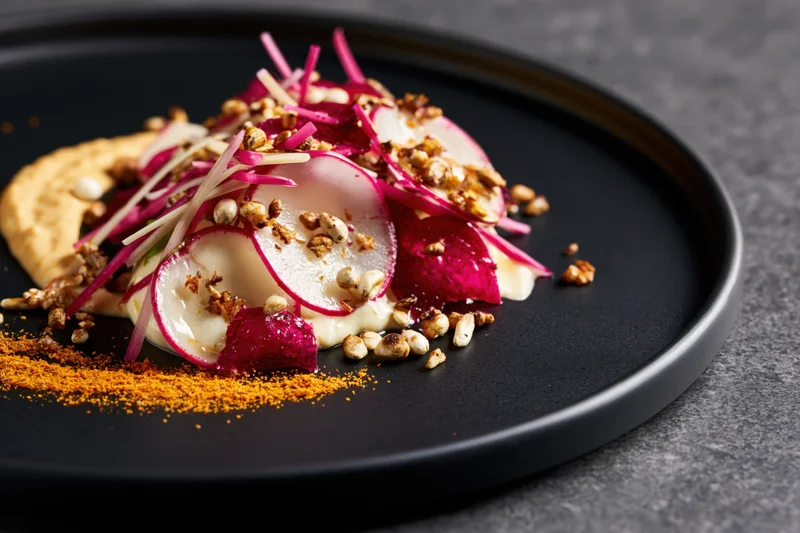 Thinly sliced radishes with cream and garnish on a black plate
