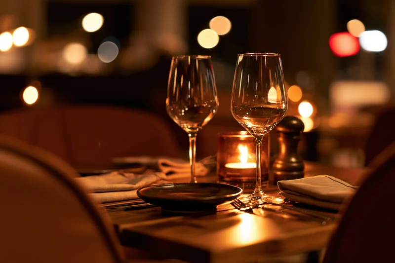 Fine dining table set for one with candlelight and wine glasses in an upscale restaurant interior