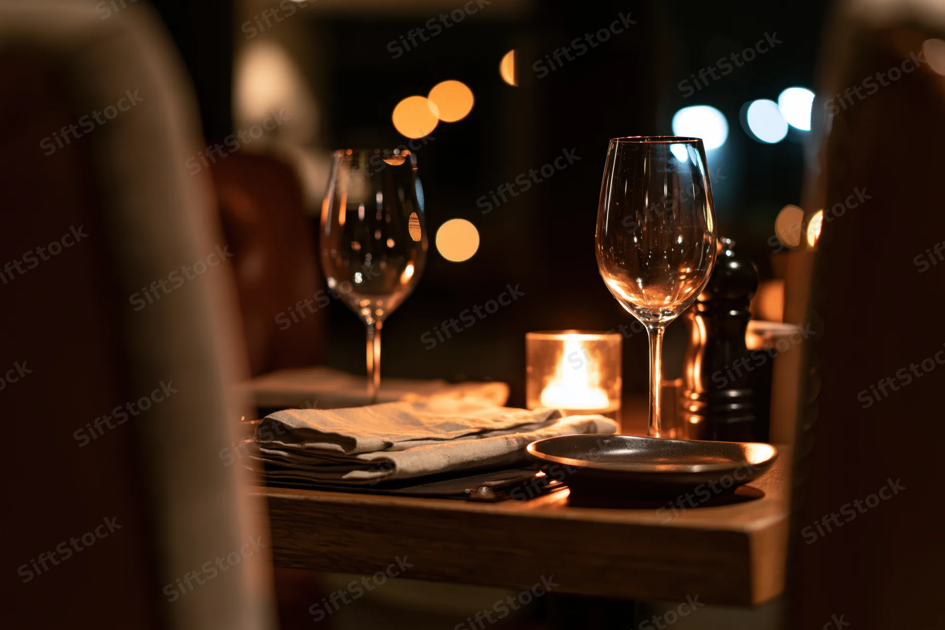 Fine dining table set for one with candlelight and wine glasses in dim upscale restaurant