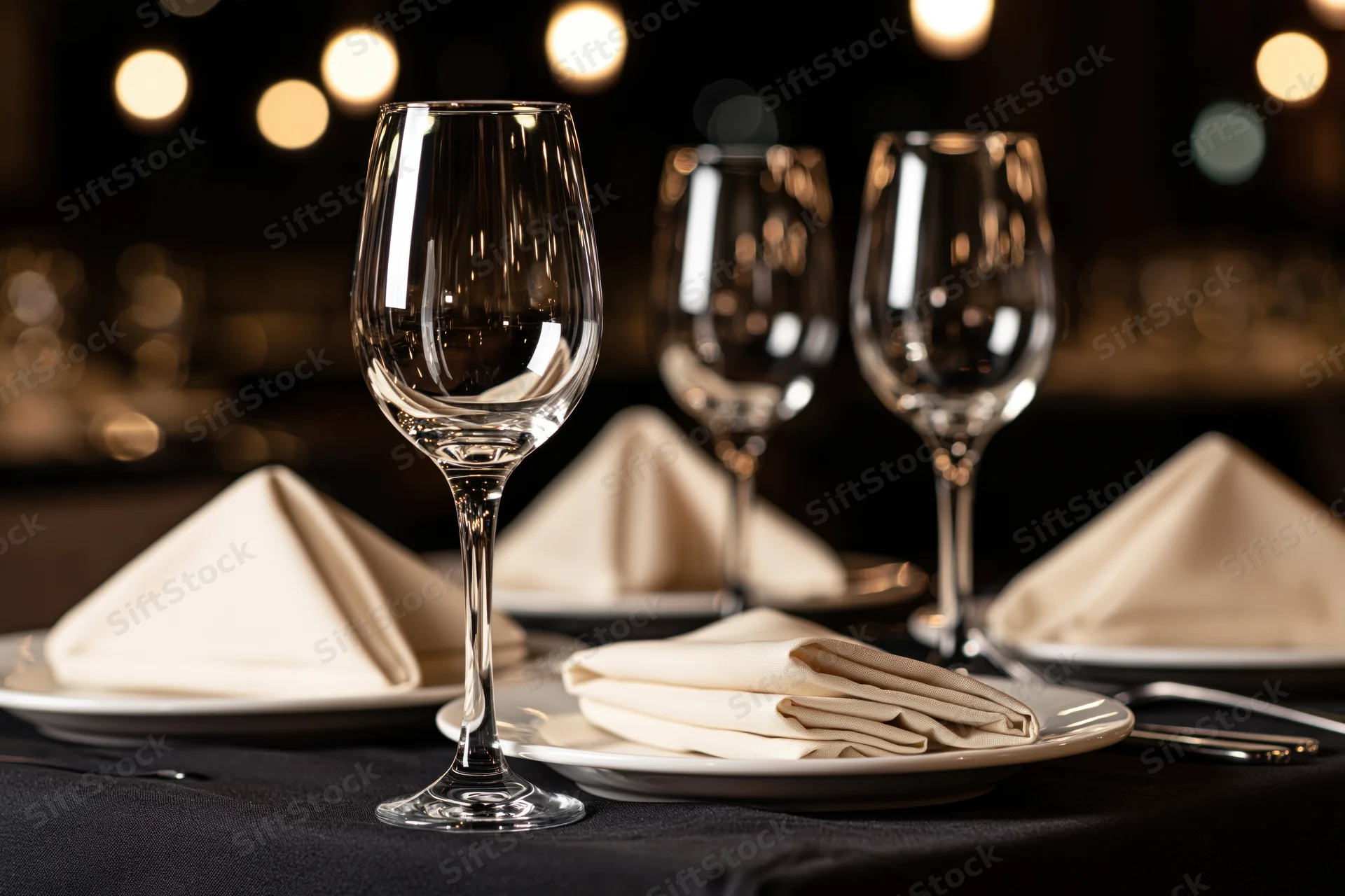 Fine dining table set with empty wine glasses and folded napkins on black cloth