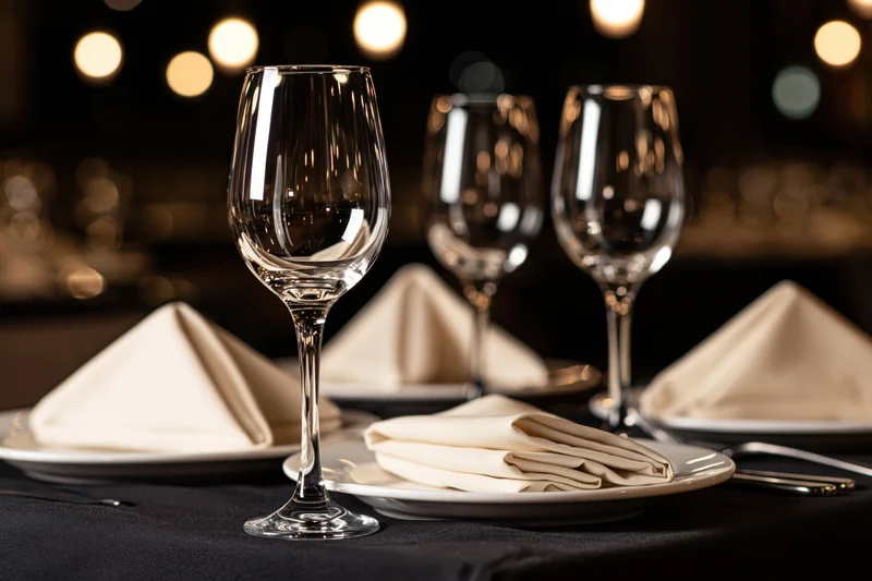 Fine dining table set with empty wine glasses and folded napkins on black cloth