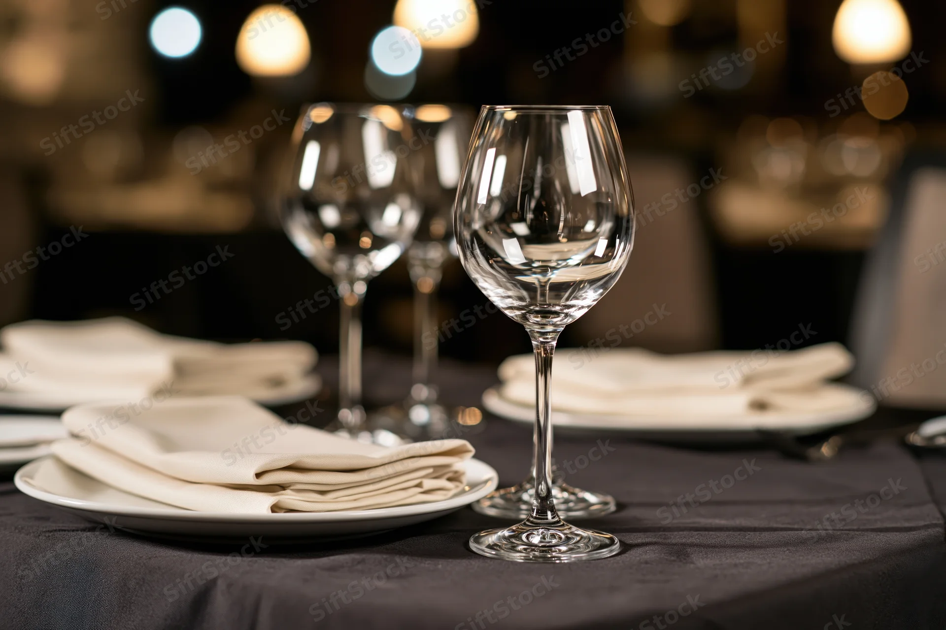 Fine dining table set with empty wine glasses and folded napkins on black cloth