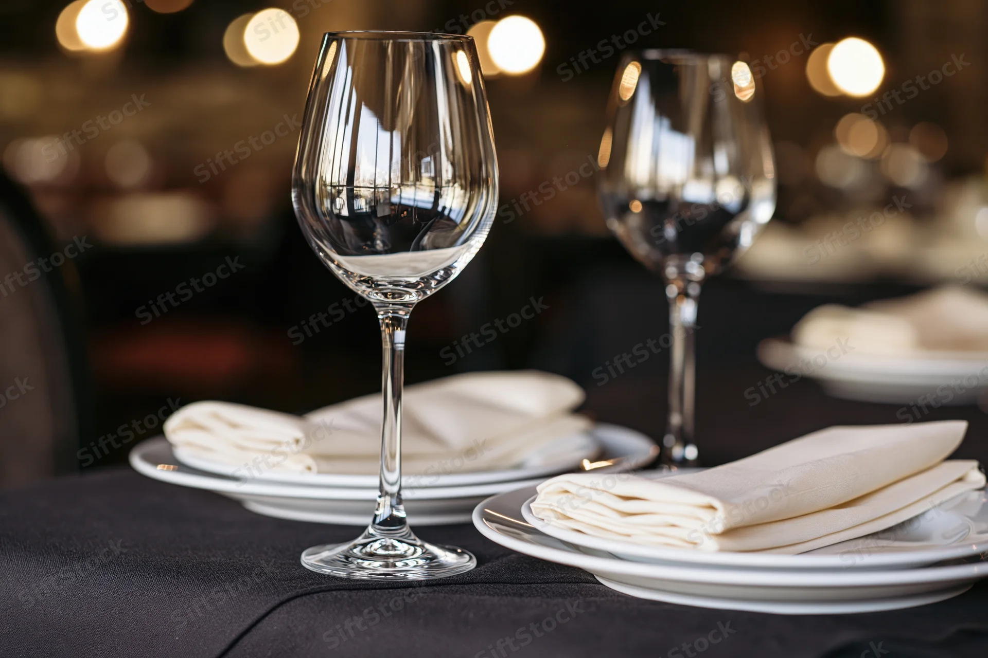 Fine dining table set with empty wine glasses and folded napkins on black cloth