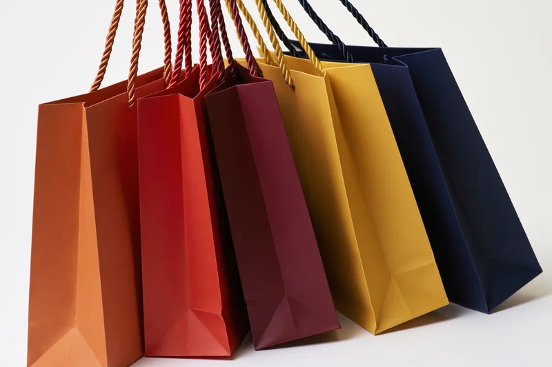 Five colorful paper shopping bags with twisted rope handles arranged in a row on a white surface