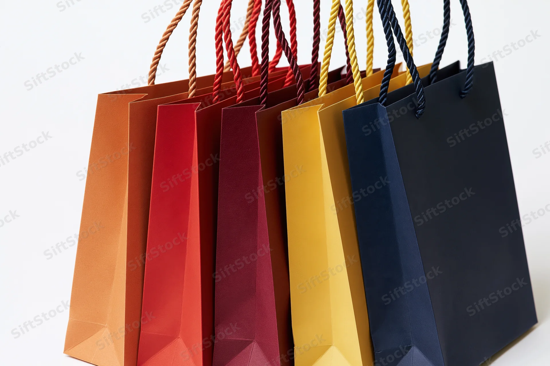 Colorful paper shopping bags with twisted rope handles arranged in a row on white background