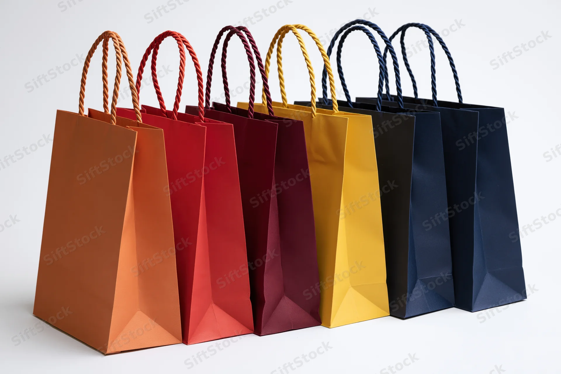 Five colorful paper shopping bags with twisted rope handles arranged in a row on a white surface