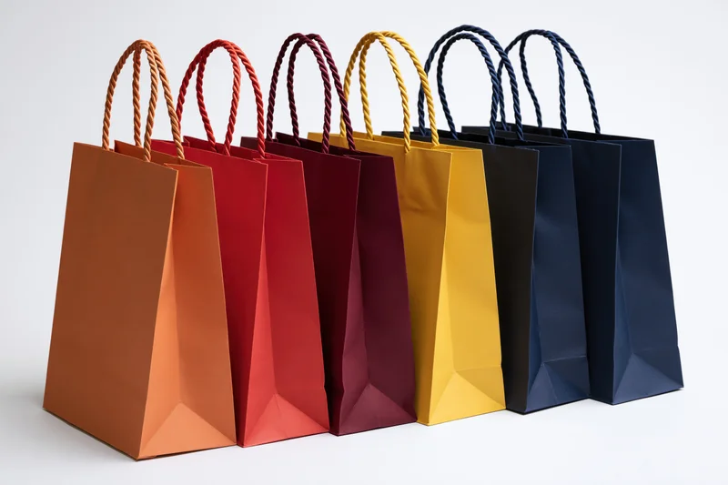 Five colorful paper shopping bags with twisted rope handles arranged in a row on a white surface