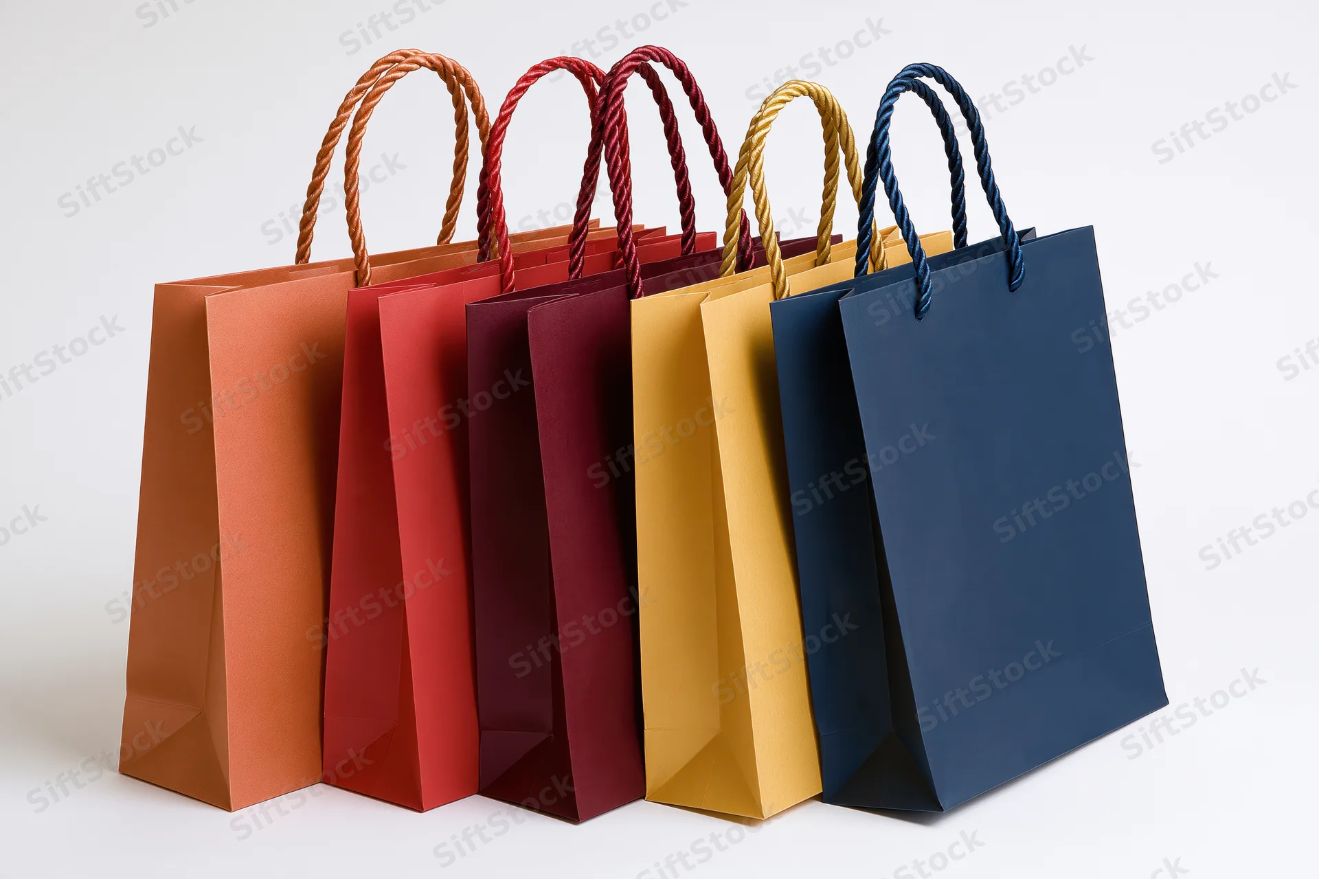 Five colorful paper shopping bags with twisted rope handles arranged in a row on a white surface
