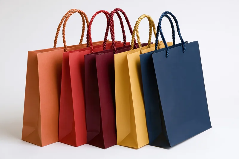 Five colorful paper shopping bags with twisted rope handles arranged in a row on a white surface