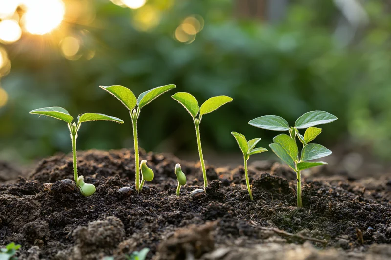 Five soybean seedlings in sequential growth stages emerging from soil in a garden at sunrise