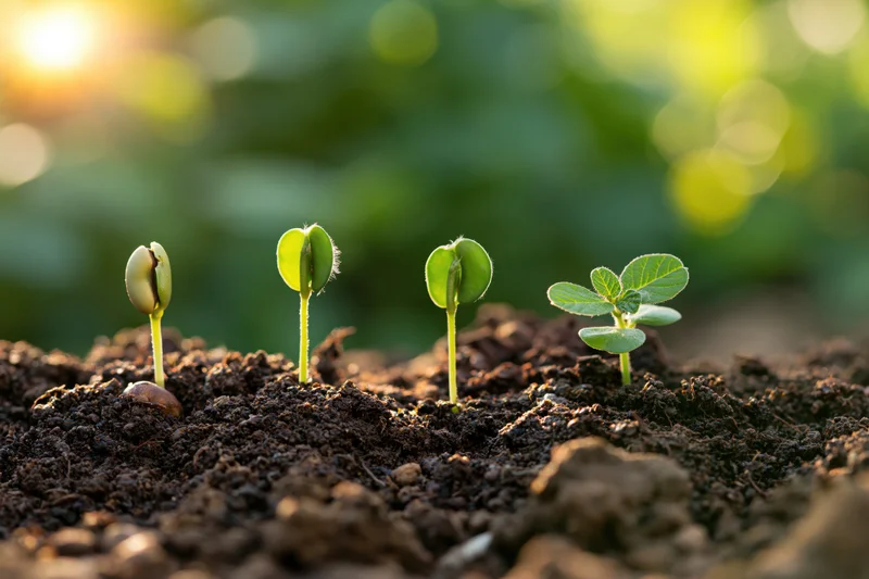 Four soybean seedlings at different growth stages emerging from soil in a garden at sunrise