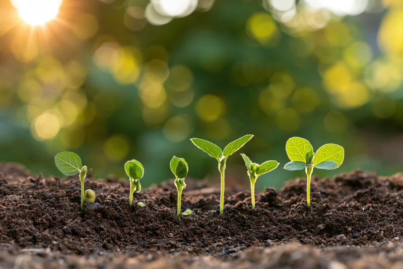 Five soybean seedlings in sequential growth stages emerging from soil in a garden at sunrise