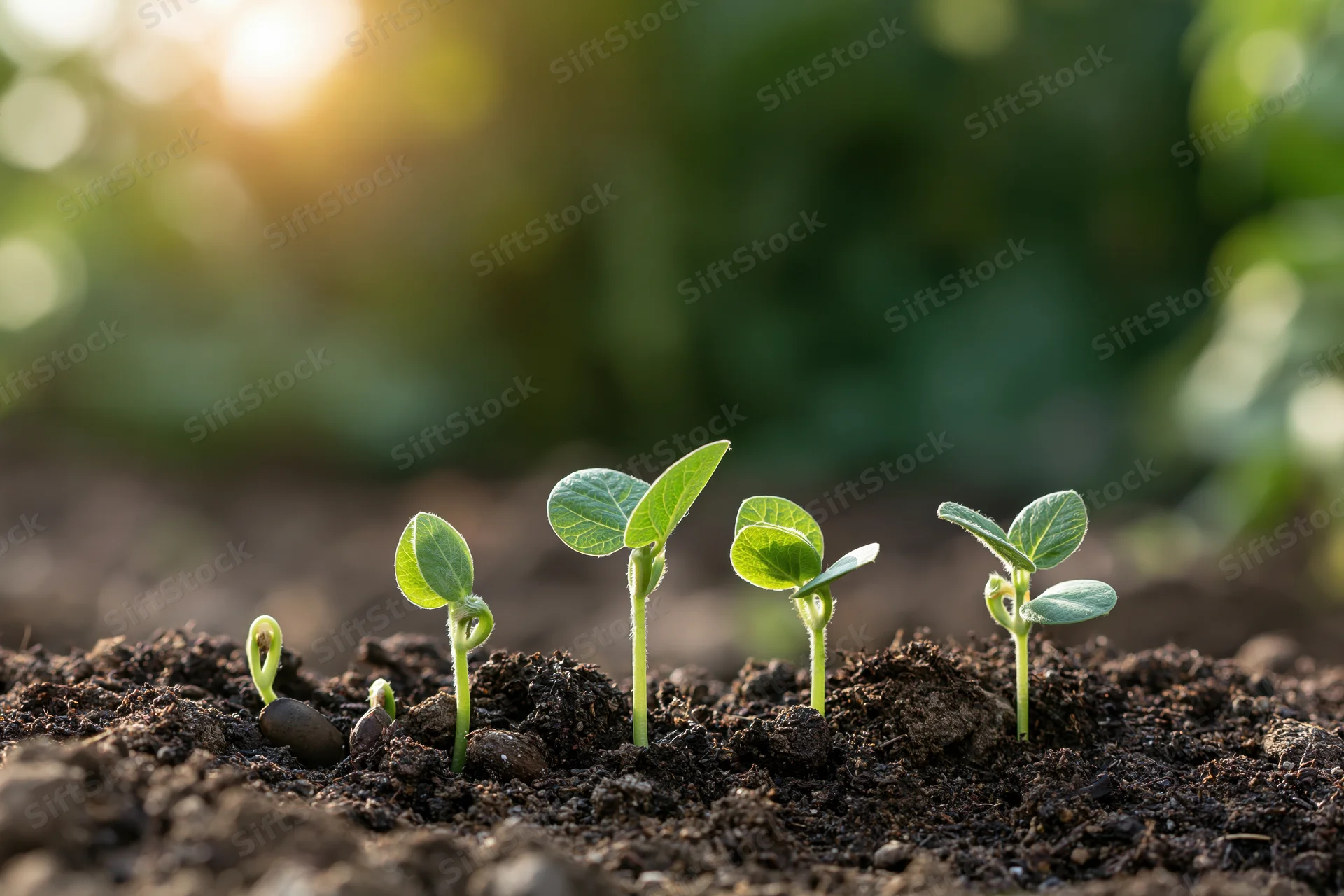 Five soybean seedlings at sequential growth stages emerging from soil in a garden setting