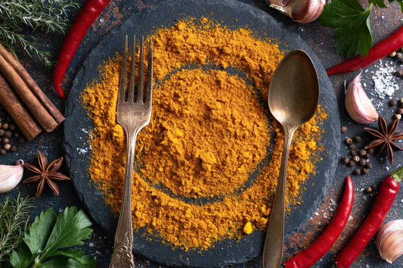 Ground turmeric powder arranged with cutlery and spices on a dark slate plate