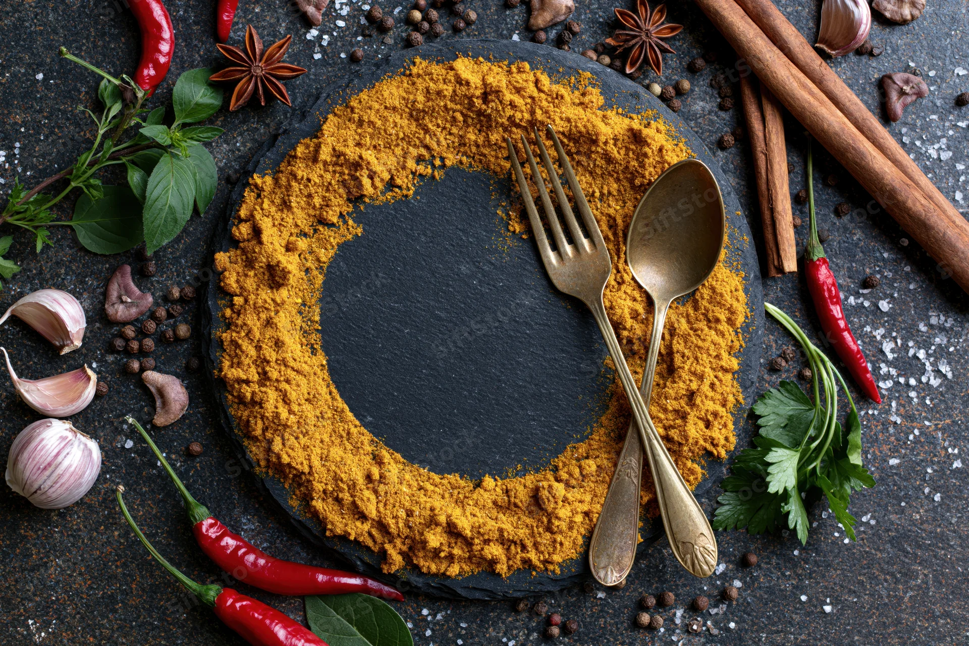Ground turmeric powder arranged in a ring on slate with cutlery and spices around
