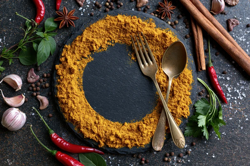Ground turmeric powder arranged in a ring on slate with cutlery and spices around