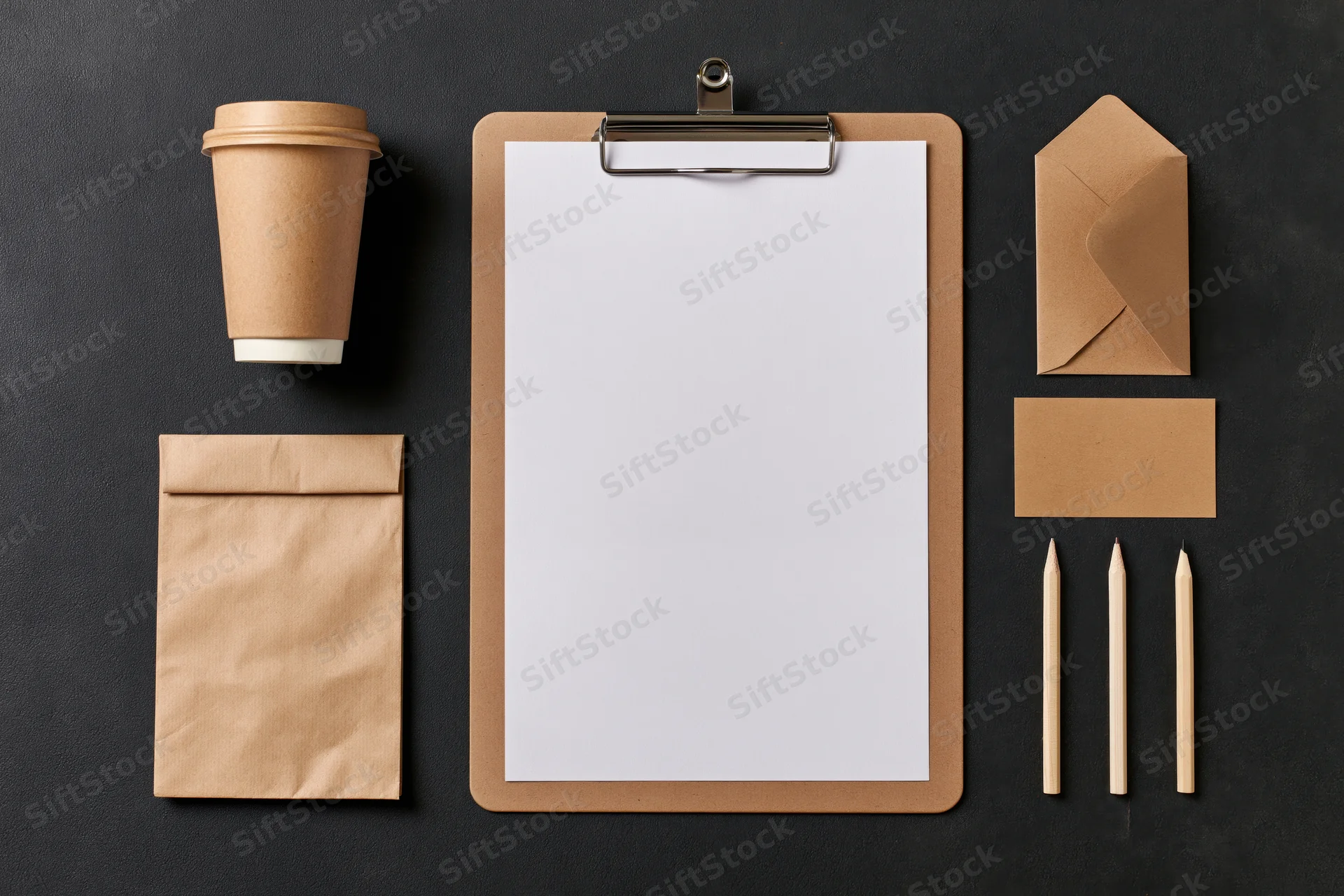 Clipboard with blank paper and kraft stationery arranged on dark surface