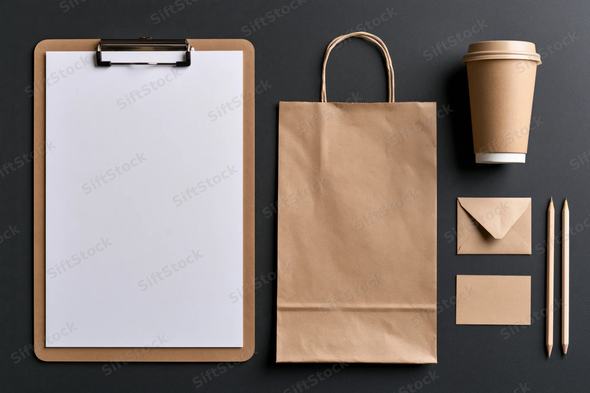 Flat lay of kraft paper stationery set including clipboard, bag, cup, envelope, card and pencils on dark surface