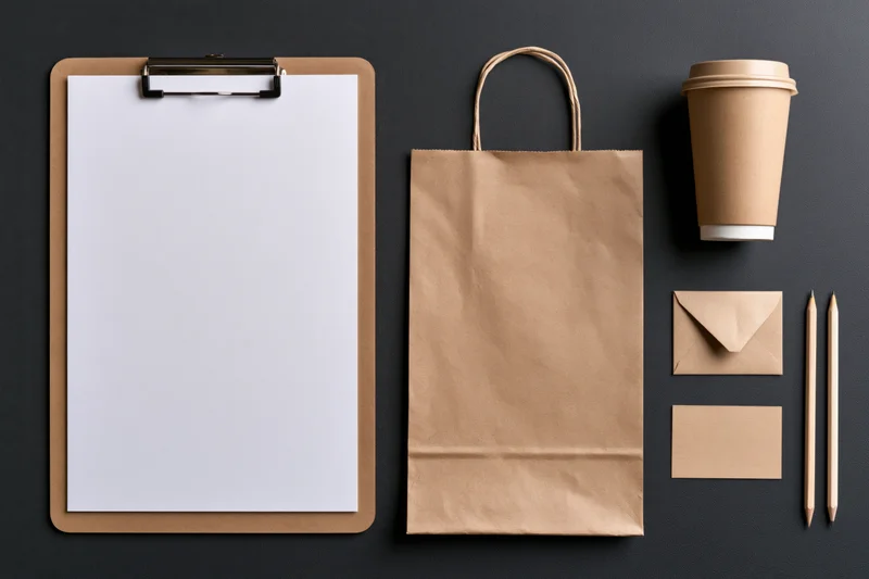 Flat lay of kraft paper stationery set including clipboard, bag, cup, envelope, card and pencils on dark surface