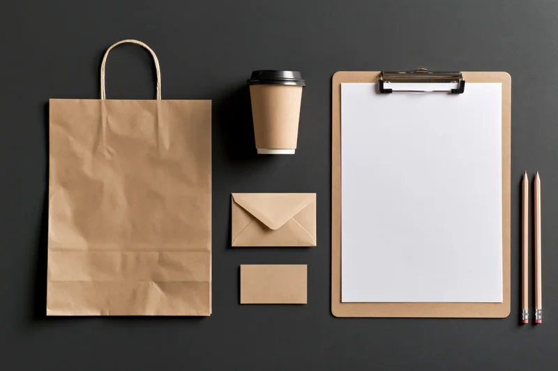 Flat lay of kraft paper stationery set with clipboard, envelope, business card, coffee cup, bag and pencils on dark surface