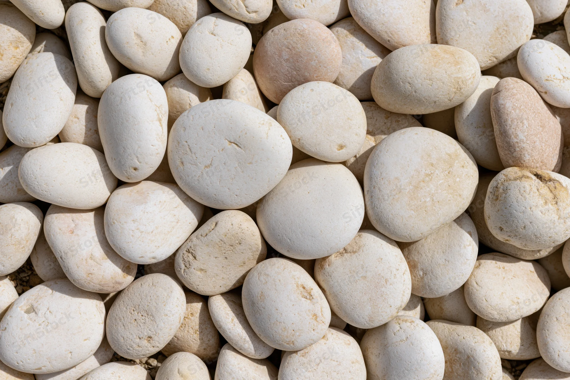 Smooth rounded white pebbles covering the frame in a closeup view