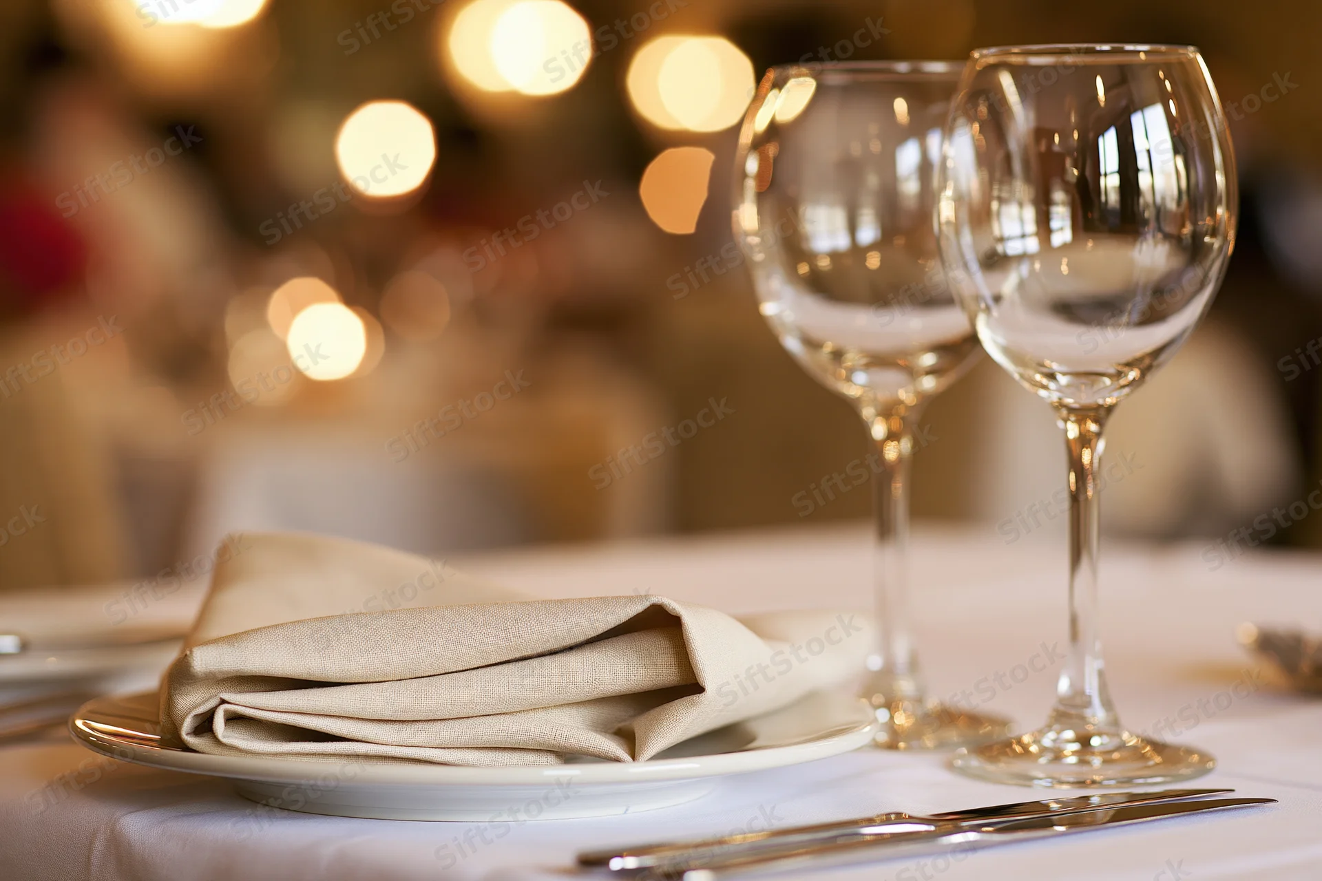 Folded linen napkin on white plate beside two empty wine glasses at formal dinner table