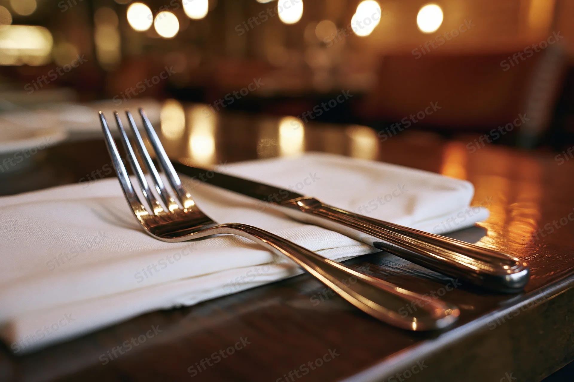 Fork and knife on a folded white napkin atop a dark wooden table in a warmly lit restaurant