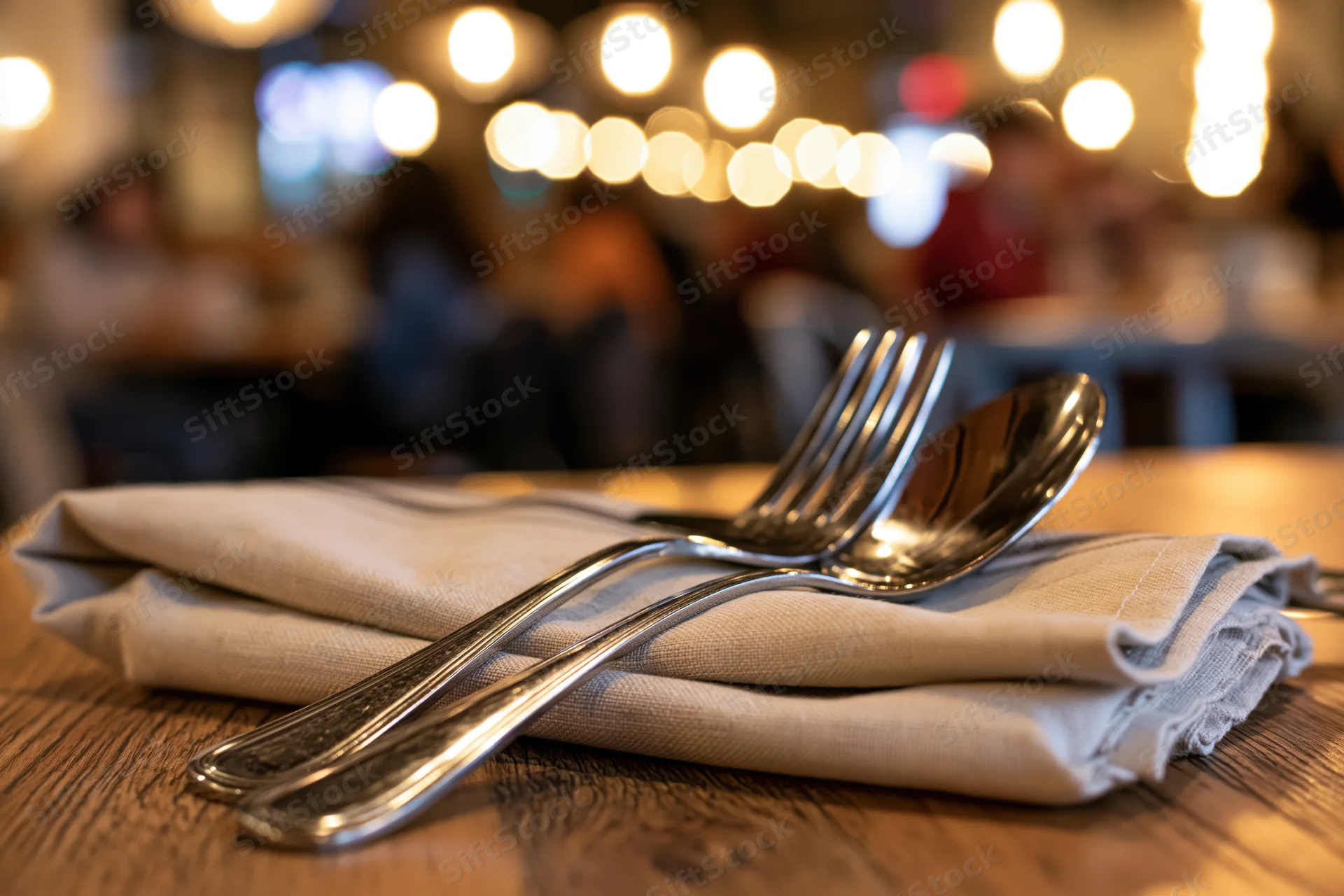 Fork and spoon resting on a folded linen napkin on a wooden table in a warmly lit restaurant interior