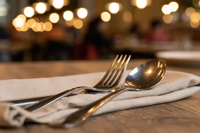 Fork and spoon resting on a folded linen napkin on a wooden table in a restaurant with warm ambient lighting
