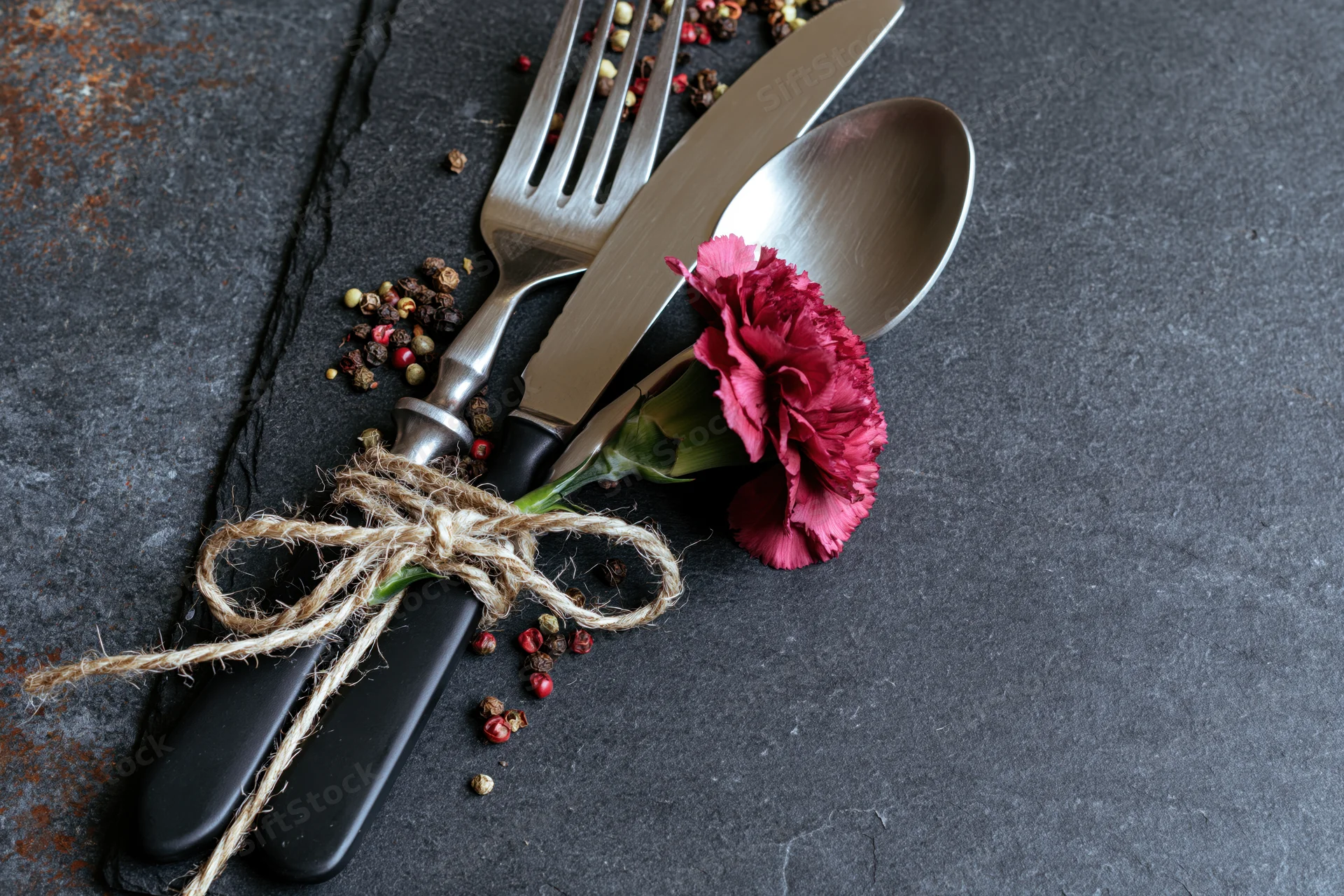 Fork knife and spoon tied with twine and a carnation on a dark stone surface